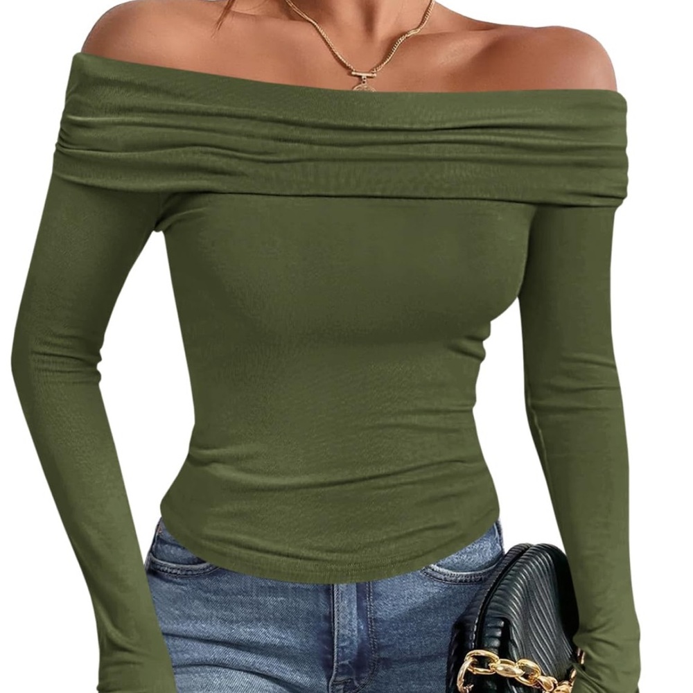 💚 Imily Bela Off Shoulder Long Sleeve Top - Army Green (M)